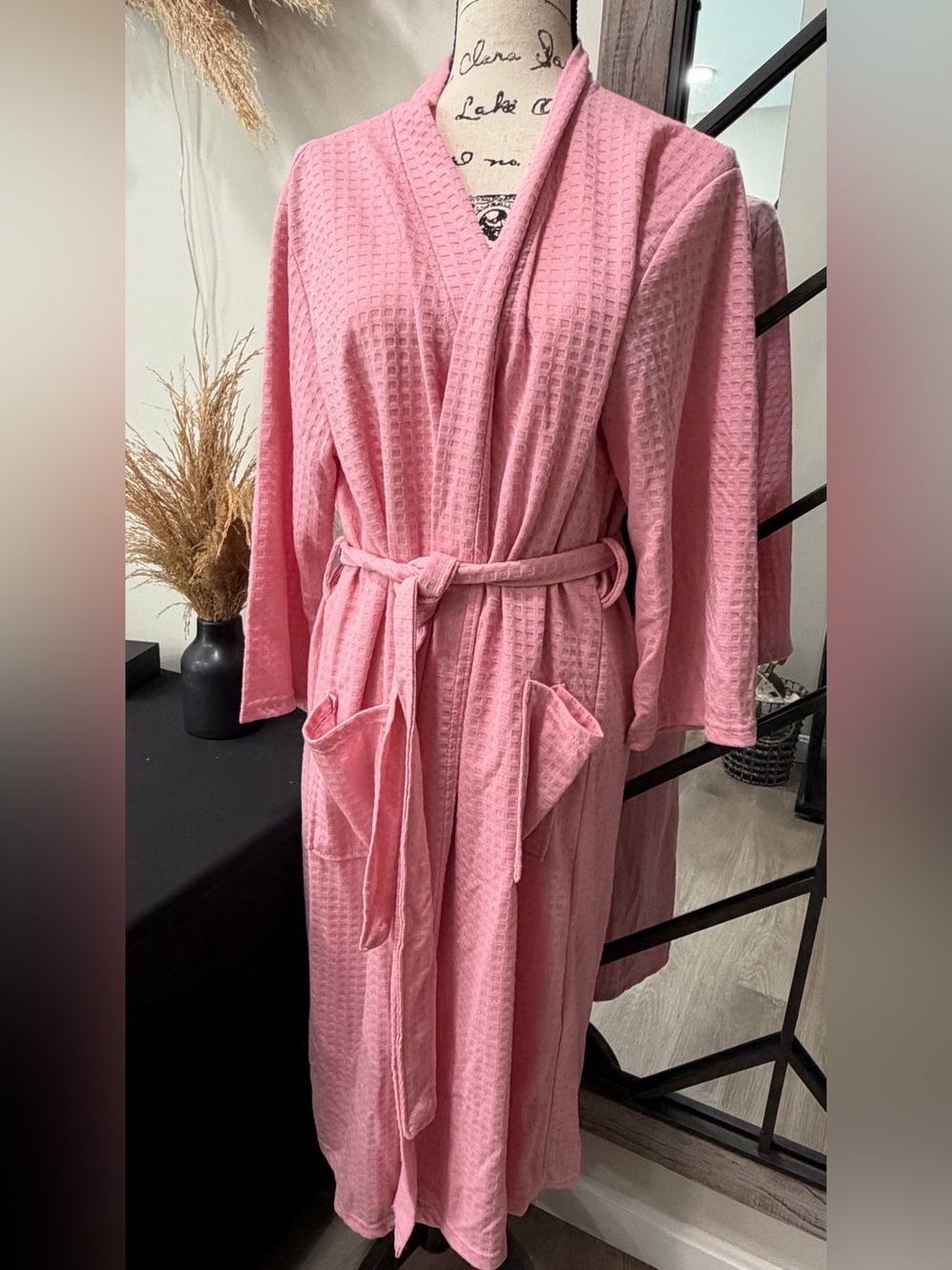 Pink Waffle-Knit Robe with Pockets